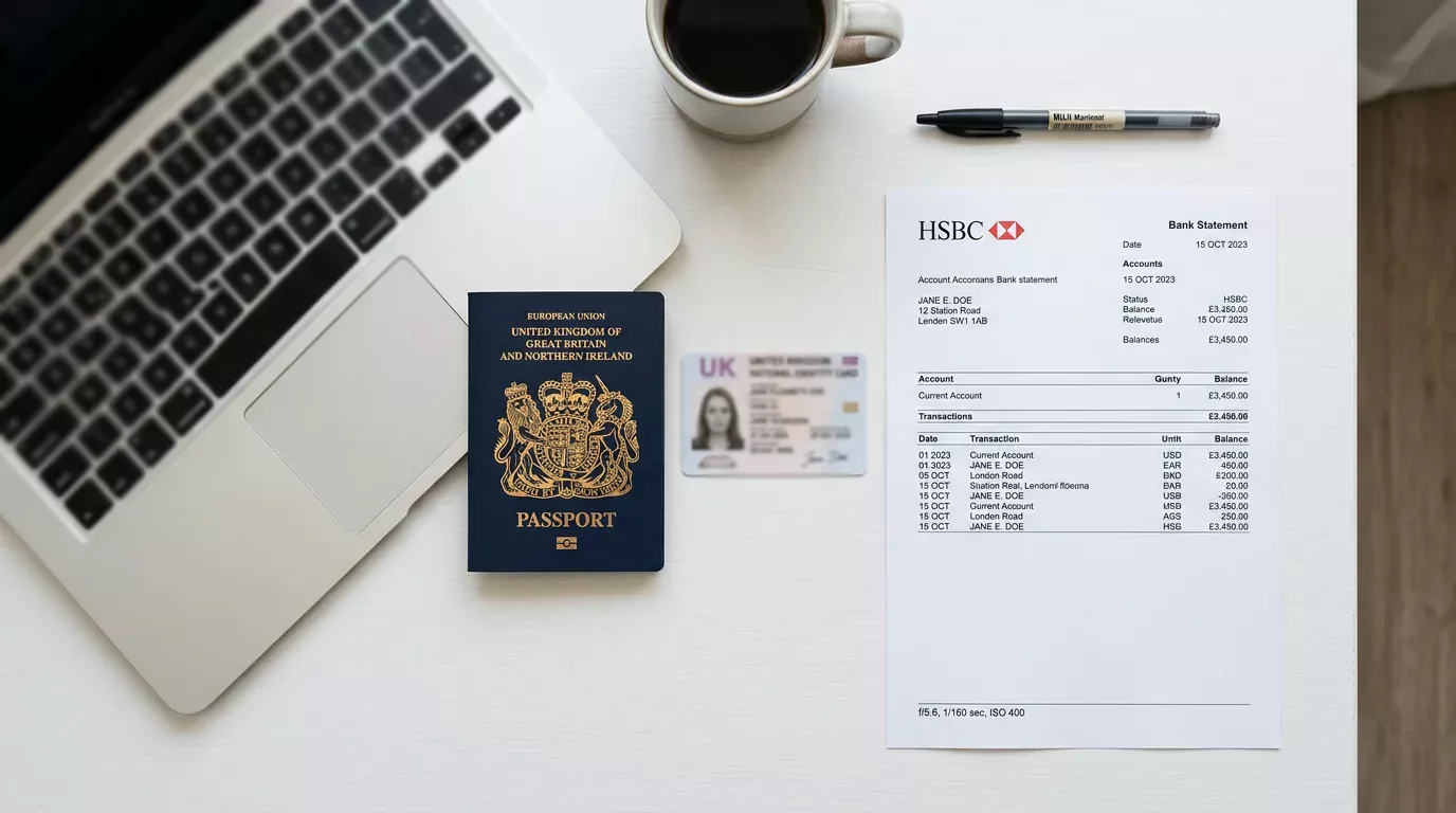 Pass og ID-kort lagt ved siden av et tastatur på et skrivebord