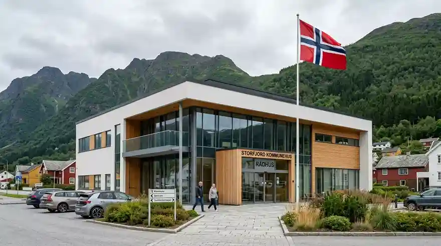 Kontorbygg i Førde sett utenfra med norsk flagg