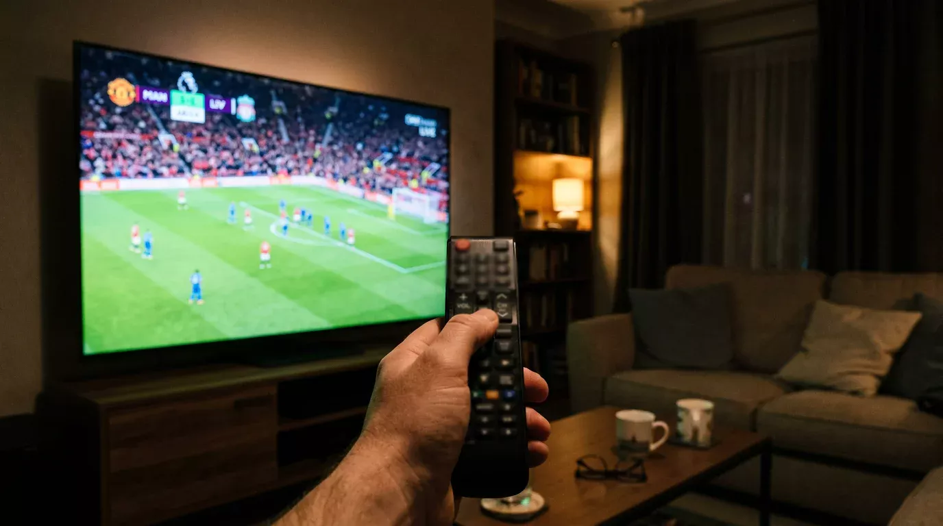Fjernkontroll rettet mot en TV-skjerm som viser en fotballkamp