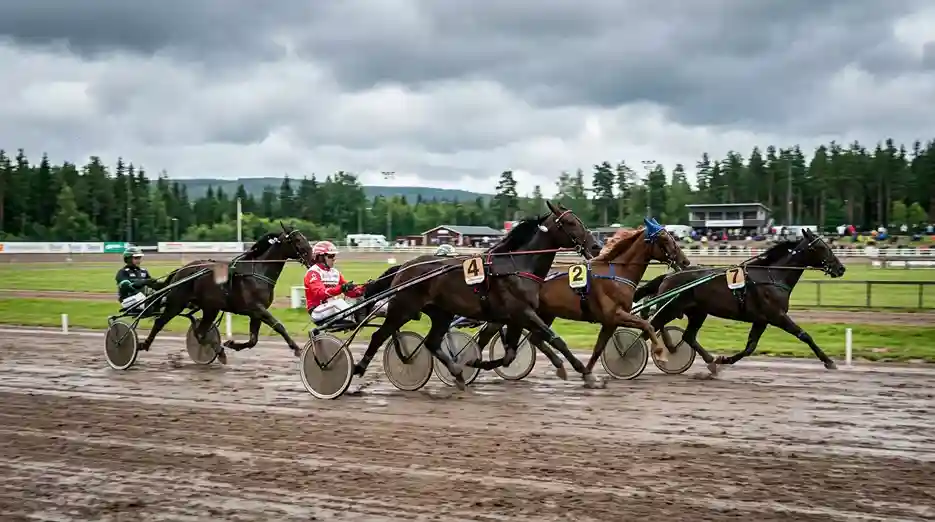 Travhester i full fart på en norsk travbane med sulky og kusk