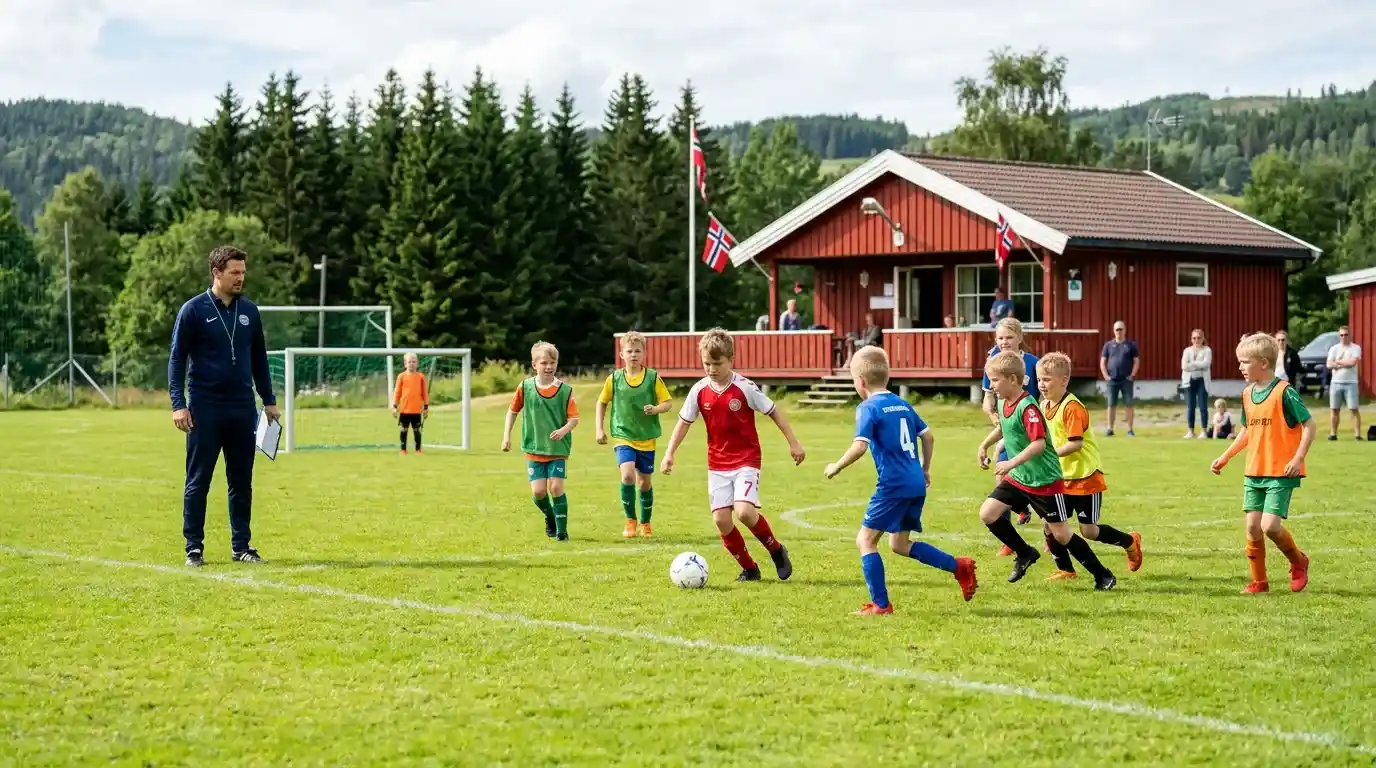 Barn spiller fotball på en gressbane med Norsk Tipping-logo på drakten