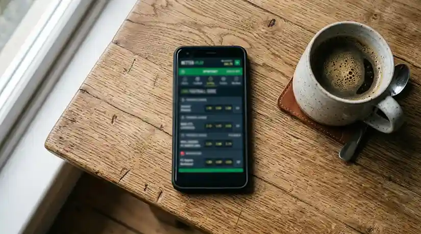 Mobiltelefon med en sportsbetting-app åpen på en bordplate