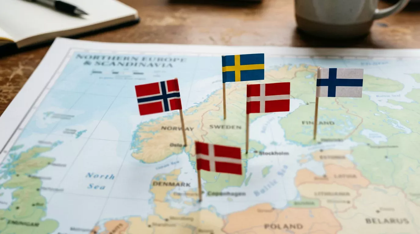 Europakart med nordiske flagg plassert over Skandinavia