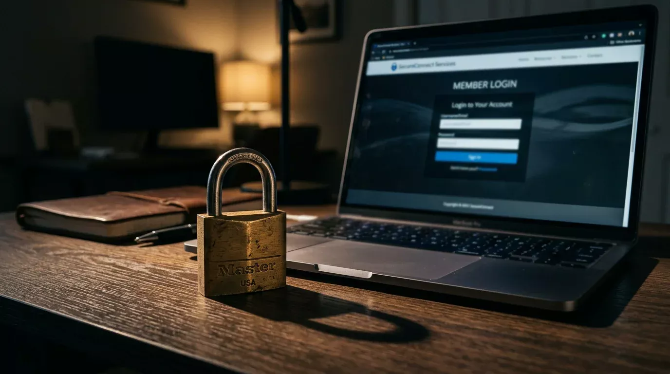 Hengelås foran en laptopskjerm som viser en nettside