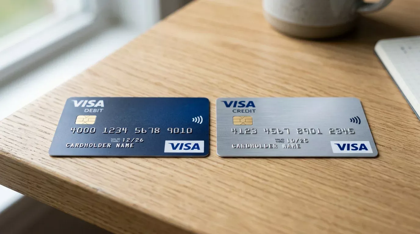 Visa Debit-kort og Visa Credit-kort lagt ved siden av hverandre på et skrivebord